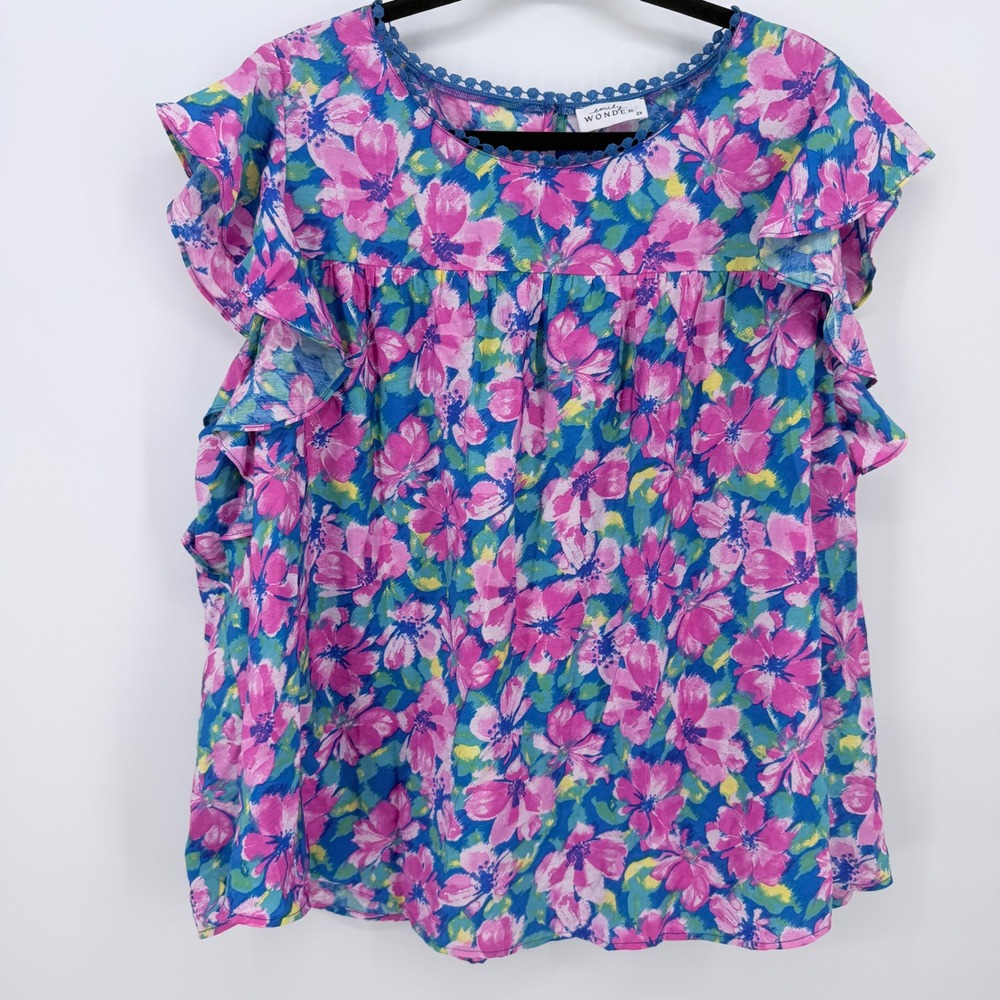 Emily Wonder Blouse Womens 2X Blue Pink Floral Ruffle Sleeve NWOT Boho